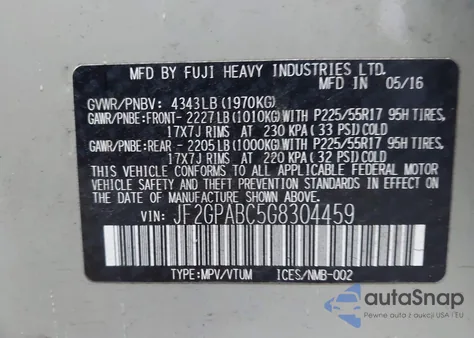 2016 Subaru Crosstrek 2.0I Premium z USA, uszkodzony, nr VIN JF2GPABC5G8304459